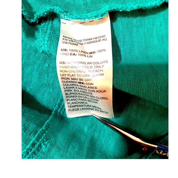 CHICO'S 2 100% Linen Long Tunic Top Tee LG Tiered‎ Back High/Lo Turquoise Green - Picture 6 of 8